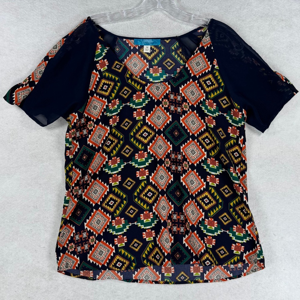 Matilda Geometric Aztec Print Blouse Navy Sheer‎ Raglan Short Sleeve Medium BOHO
